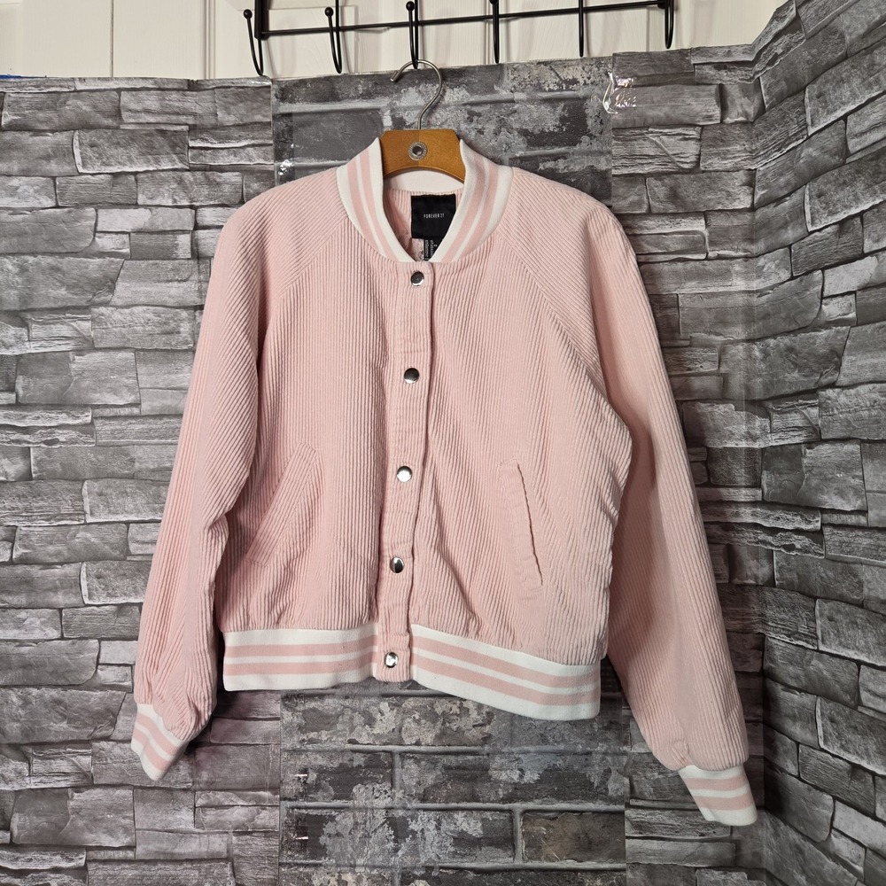 Forever 21 Pink Corduroy Varsity Jacket Preppy School Women's XL Snap Buttons